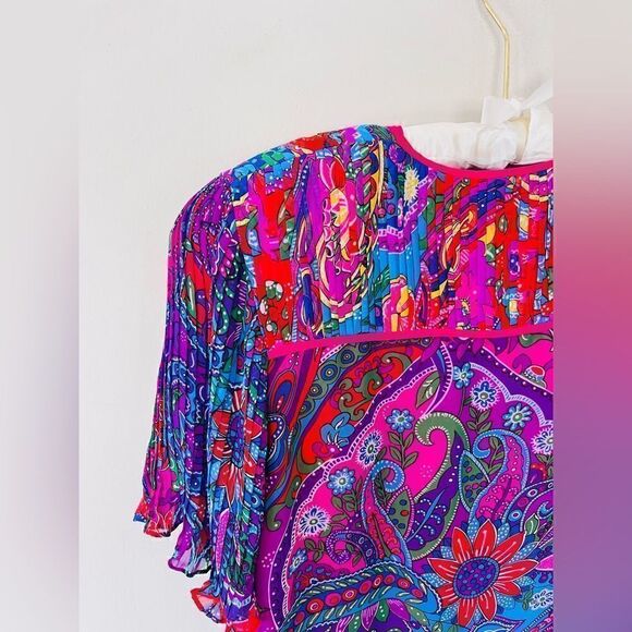Diane Freis Vtg 1980s Blouse | Paisley Floral Print Pleats M/L - Picture 4 of 7